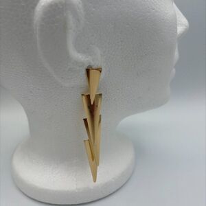 New earring, mirror gold tone, statement size, geometric, dramatic, native, boho